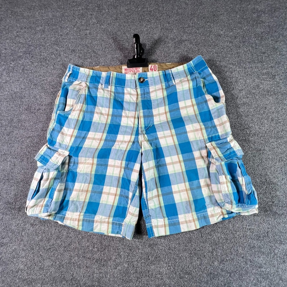 Mossimo Supply Co Cargo Shorts Men's 40 Blue White Plaid Multi Pocket Everyday